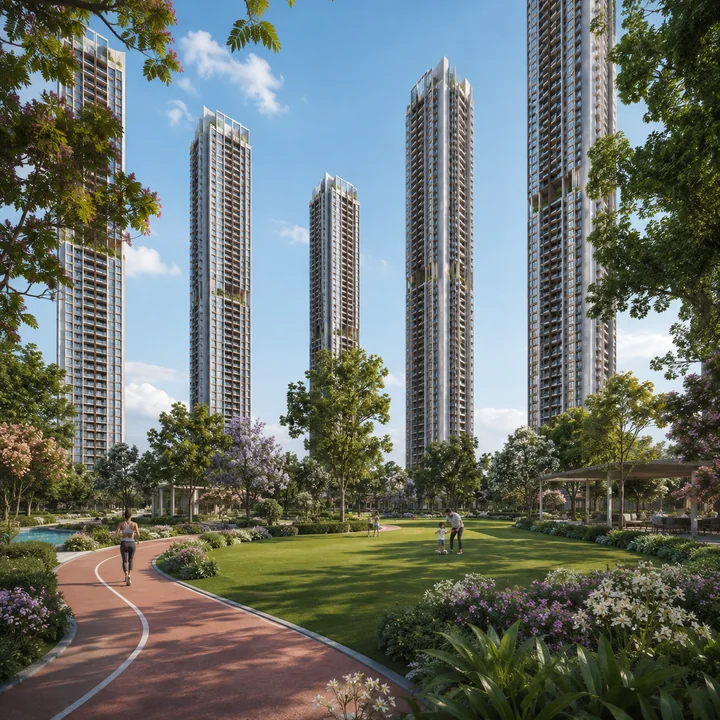 Embassy Millennium indicative landscaped garden court with a jogging loop and lawn across the open ground between the six towers